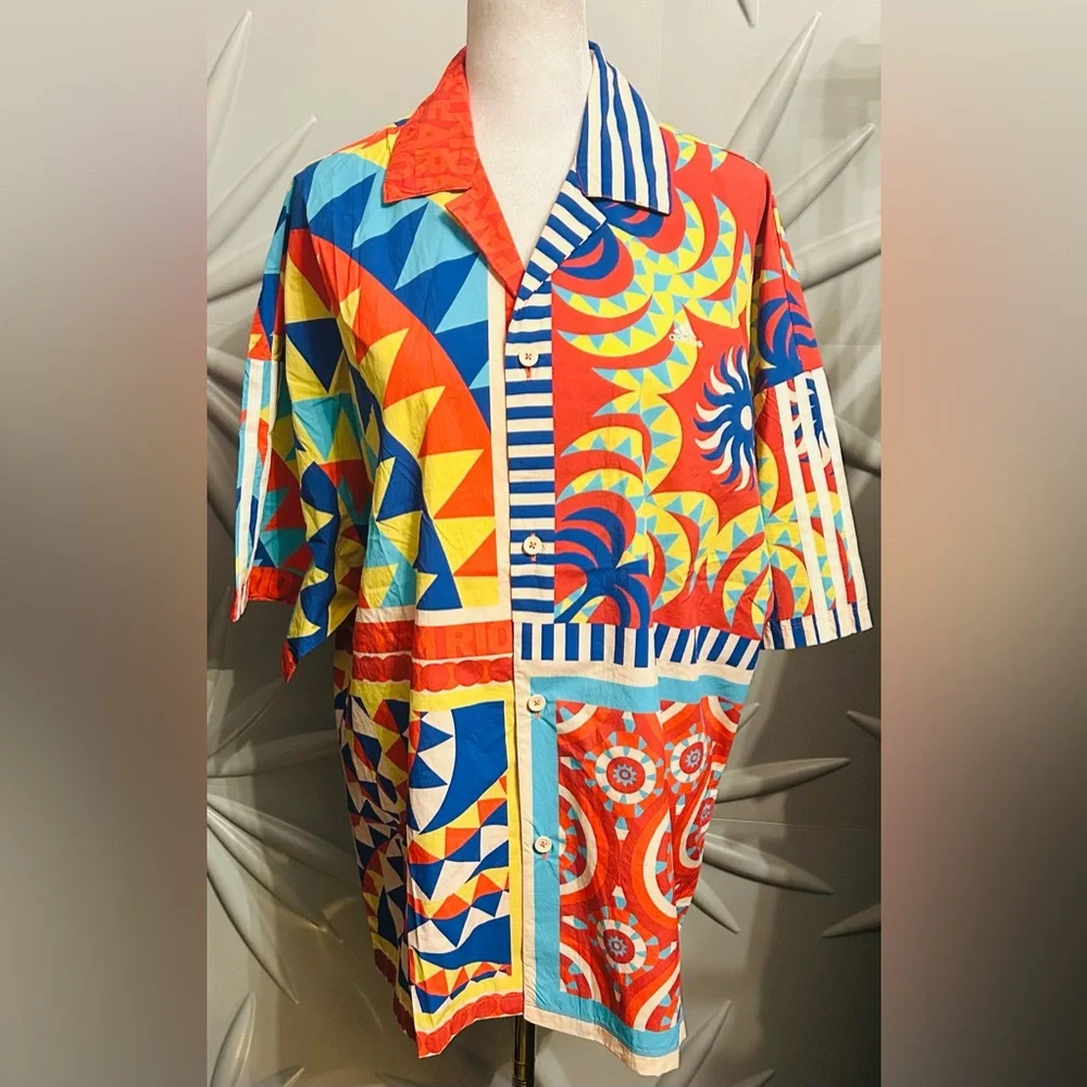 NWT Farm Rio/Adidas collab SZ S/M red/blue/yellow button front collared shirt. - Picture 3 of 10